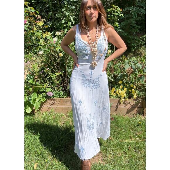 Y2K Coastal Cowboy White Embroidered Maxi Dress - Picture 1 of 9